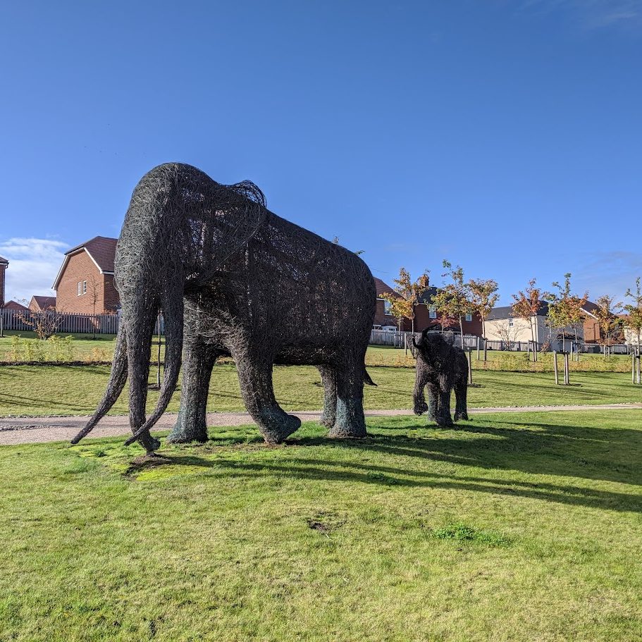 Public art of two elephant sculptures with houses in the background